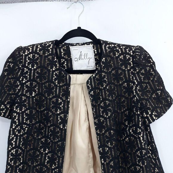Milly Blazer Formal Short Sleeve Cape Floral Lace Overlay Open Cotton Blk Sz 10 - Picture 3 of 11